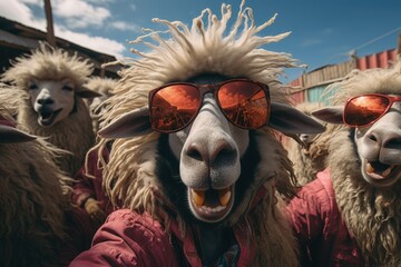 sheep portrait with sunglasses, Funny animals in a group together looking at the camera, wearing...