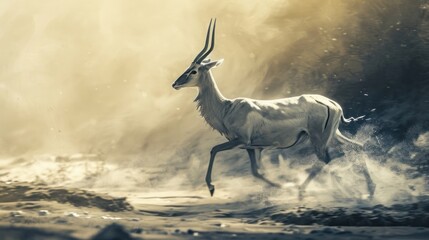  an antelope is running through the dust in a wildlife scene with sunlight streaming through the trees behind it.