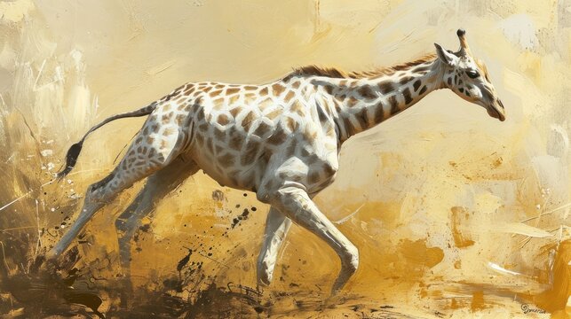  a painting of a giraffe running through a field of grass and dirt, with a yellow wall in the background.