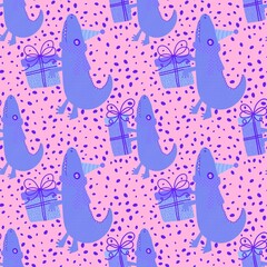 Birthday party seamless crocodile and gift box pattern for wrapping paper and fabrics and kids print and festive