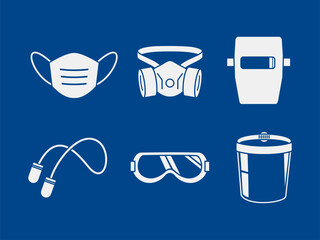 set of industrial PPE icon on blue background