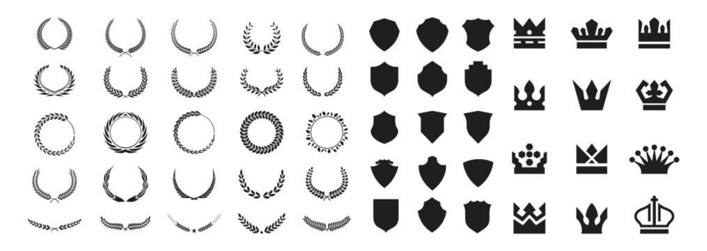 big set of shiled, crown, silhouette on white background