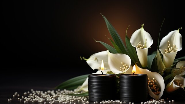 Elegant still life with white calla lilies and black candles