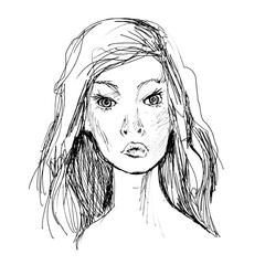Surprised girl. Drawing of a pretty girl. ink sketch.