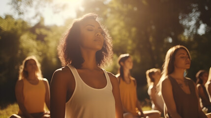 Group of multiethnic women stretching arms outdoor. Yoga class doing breathing exercise at park. Beautiful fit women doing breath exercise together with - obrazy, fototapety, plakaty