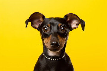 A dog looking to the camera in front of a yellow background