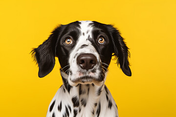 A dog looking to the camera in front of a yellow background