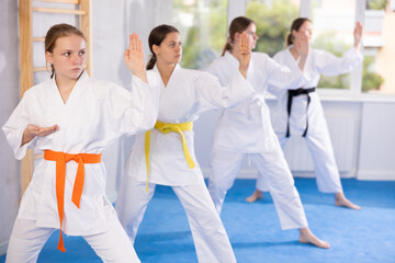 Young women athletes starting position and studying repeating sequence of punches and painful...