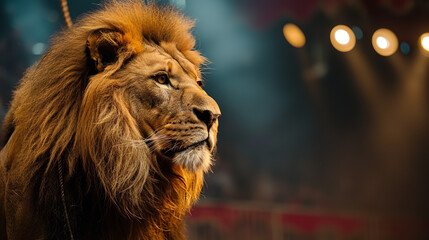 A realistic photo of a lion of a circus, with a background in bokeh