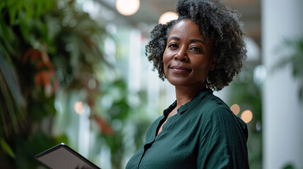 Happy middle aged business blackwoman in a dark forest green linen blouse, holding a tablet while standing in an white bright office background - Powered by Adobe