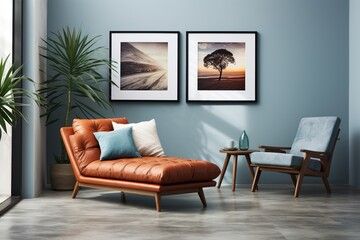 Blue room with brown leather chaise lounge and blue armchair