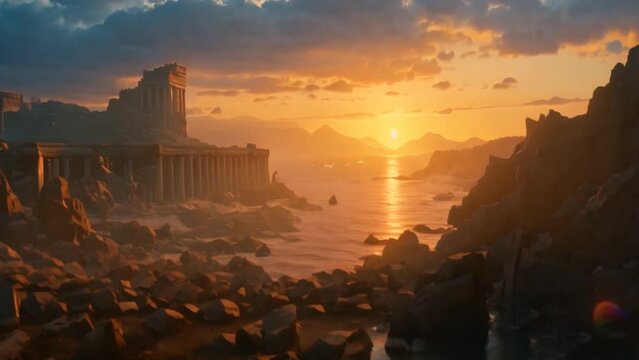 Epic sunset landscape featuring the ruins of a Greek or Roman temple among rocks, with the golden sun setting behind mountains, reflecting in the sea. Historical and cinematic scene of a lost empire.	