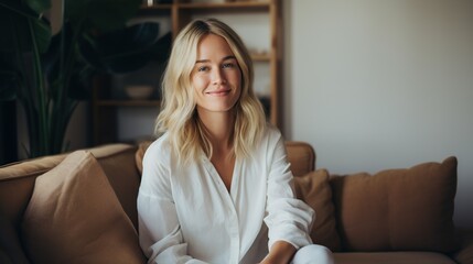 Obraz premium Young blonde woman smiling confident sitting on sofa at home