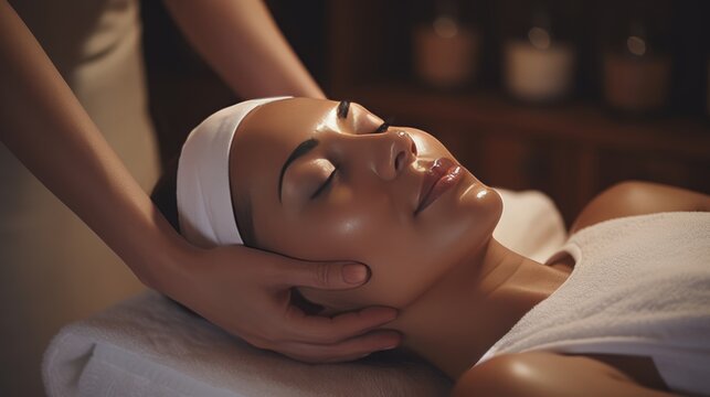Beautiful young woman has a facial massage in the spa, Relaxes in the spa.