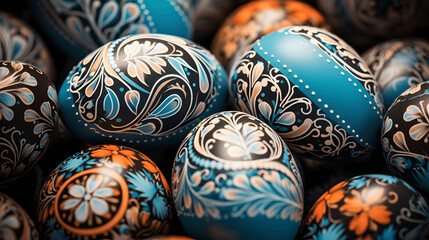 Close up of intricately decorated Easter eggs
