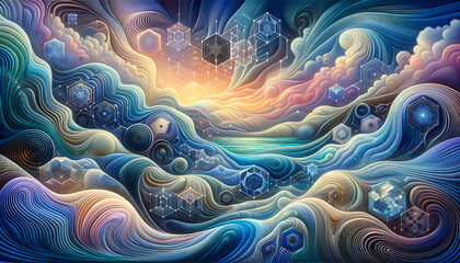 Serene deep learning landscape with flowing waves and glowing neural network shapes.