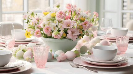Easter table setting with pastels and spring flowers