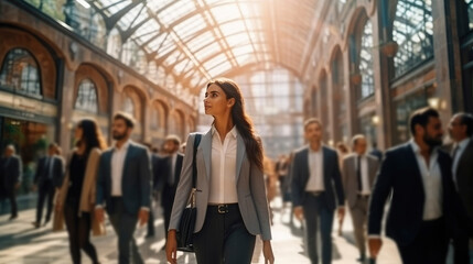 Business district hums with activity as professionals contribute to urban environment