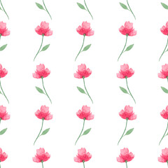 Watercolor seamless pattern, pink flowers with leaf on a white background. For various products, paper, wrapping etc.