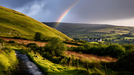 Irish countryside and rainbow, picturesque for St. Patrick's Day - obrazy, fototapety, plakaty