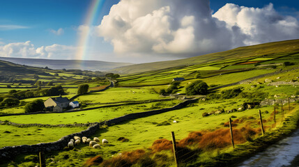 Irish countryside and rainbow, picturesque for St. Patrick's Day