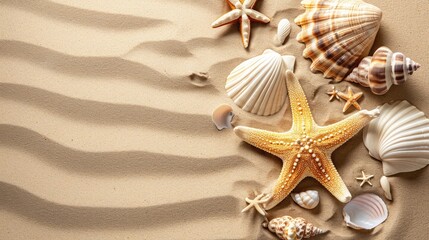 Sea sand with starfish and shells. Top view with copy space. 