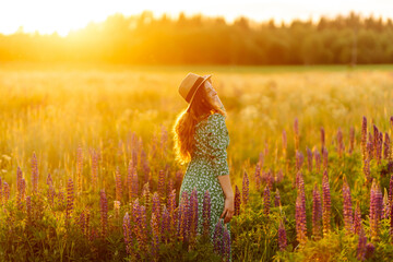 A young woman in a stylish green dress and hat enjoys the sunset in a field with lupins. A beautiful woman with a bouquet of lupins, collects flowers, inhales fresh floral air.  - obrazy, fototapety, plakaty