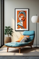 Blue and Orange Minimalist Portrait Painting in a Modern Living Room