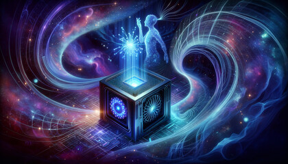 Futuristic quantum computing concept with dynamic 2D and 3D elements and emotional connection