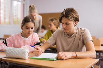 Schoolgirl peeks in a boys notebook during classes in a school class