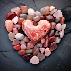 Pebbles arranged in a heart shape, in peach fuzz color