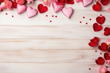 Valentines day background with red hearts and rose petals on white wooden table. AI generated