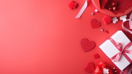 Valentine's day background with gift box and hearts on red background. AI generated