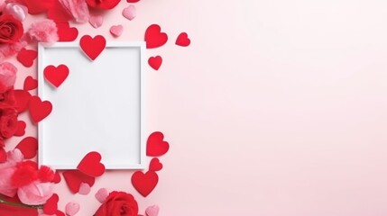 Valentine's day greeting card mockup with red hearts, white frame and red roses on pink background. AI generated