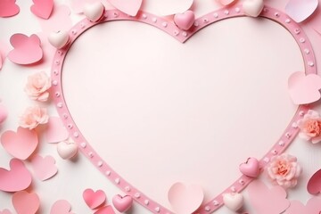 Fototapeta na wymiar Valentine's Day background with pink paper hearts on white background. AI generated