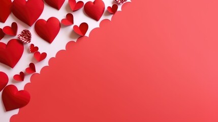 Valentine's day background with red paper hearts on red background. AI generated