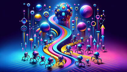 Nanobots of the Future in Vibrant Pop Futurism Style.