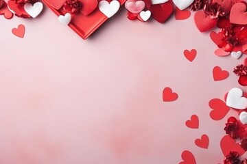 Valentine's day background with red and white hearts on pink background. AI generated