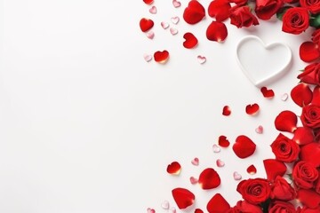 Valentines day background with red roses and white heart on white. AI generated