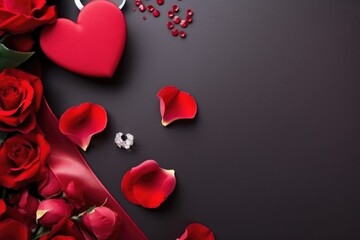 Valentine's day background with red rose petals, heart and jewelry on black background. AI generated
