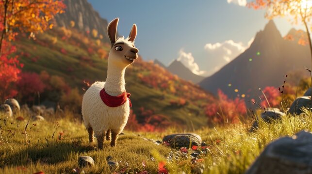  a llama standing in a grassy field with mountains in the background in the movie the secret life of pets.