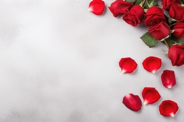 Red roses and petals on white background. Valentines day background. AI generated