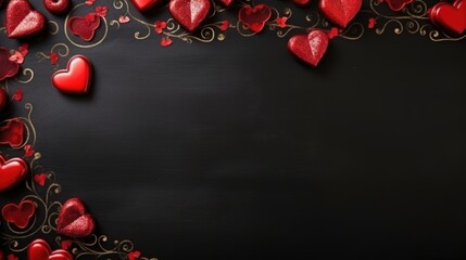 Valentines day background with red hearts on blackboard, copy space. AI generated image