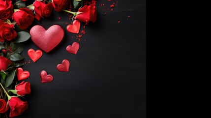 Valentine's day background with red roses and hearts on black background. AI generated