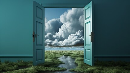 Surreal landscape with opened door to another dimension