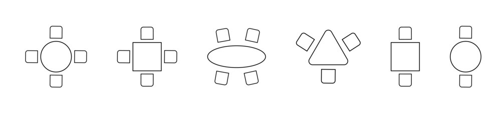 Layout of seats in a restaurant, cafe, dining room, office interior. Schematic graphic tables and chairs icons, furniture symbols. Top view. Architectural seating plan