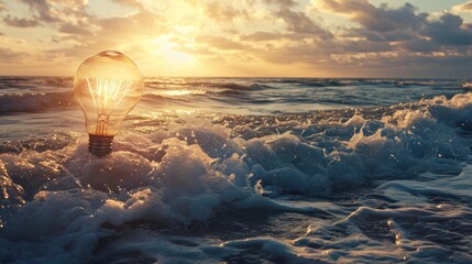  a light bulb sitting in the middle of a body of water with waves in the foreground and a sunset in the background. - obrazy, fototapety, plakaty