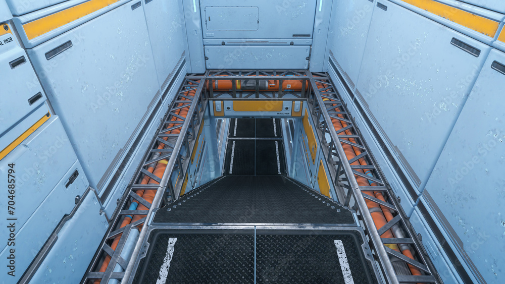 Poster looking down a stairway in a futuristic sci-fi building or space ship. 3d illustration.