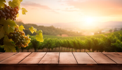 Empty wooden table with sunny vineyard background - Powered by Adobe