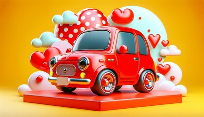 Red retro car with hearts and balloons on yellow background. 3d rendering